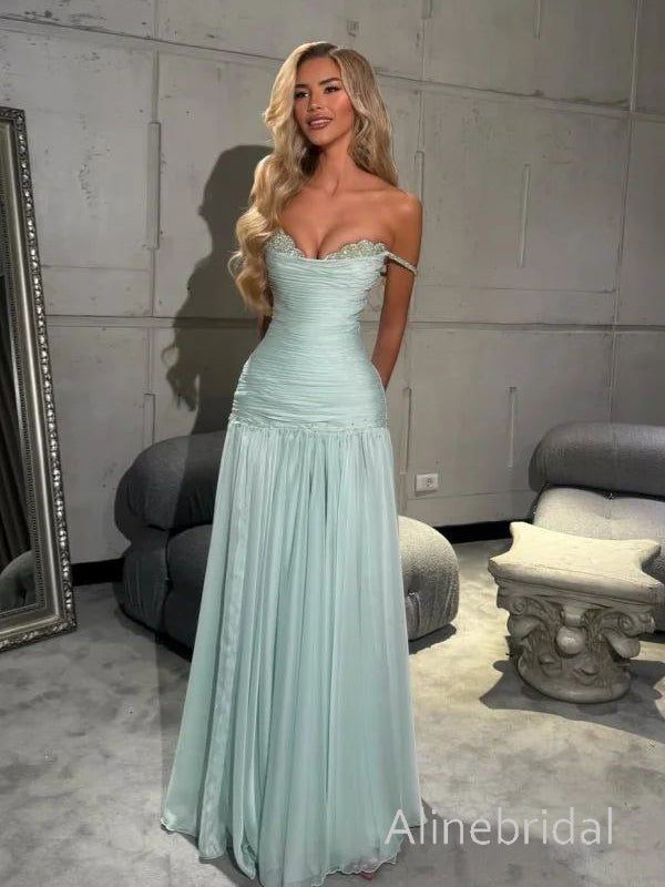 Elegant Blue Chiffon Off the Shoulder A-line Long Prom Dress, Evening Dress, PD3823009