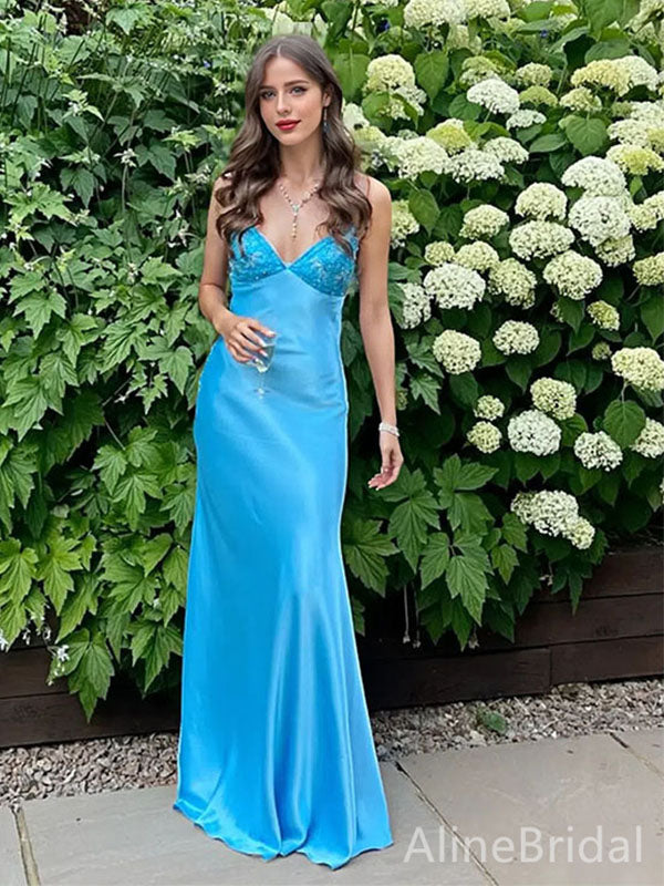 Elegant Blue Floral Beaded Mermaid Prom Dress with Tie-Back, Evening Dress, PD38063