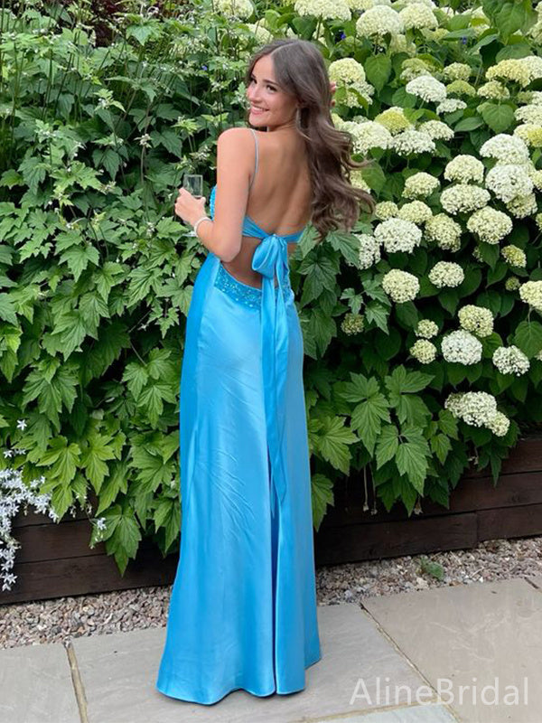Elegant Blue Floral Beaded Mermaid Prom Dress with Tie-Back, Evening Dress, PD38063