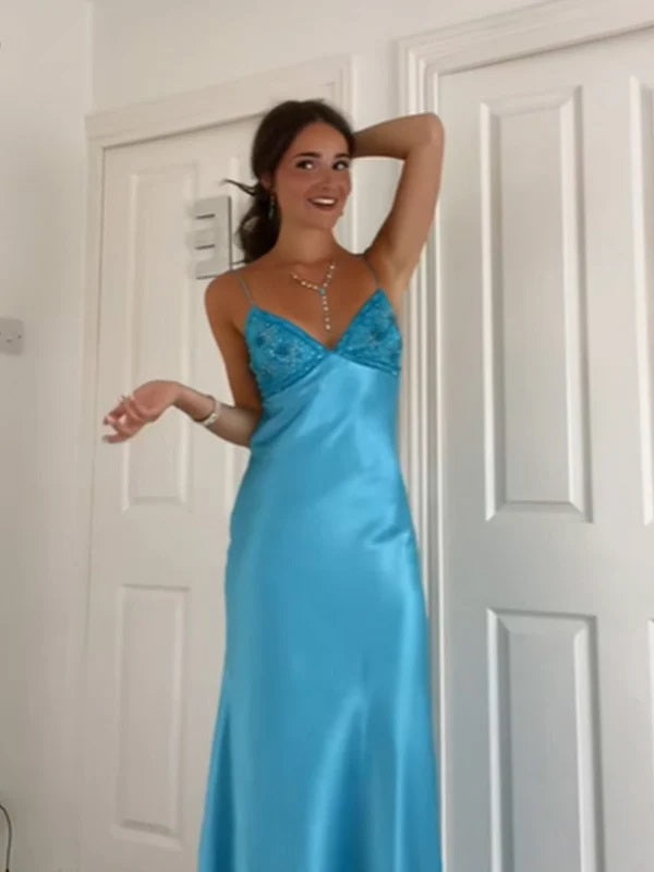 Elegant Blue Floral Beaded Mermaid Prom Dress with Tie-Back, Evening Dress, PD38063