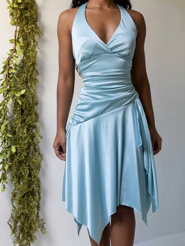 Elegant Blue Halter V-neck Satin A-line Short Homecoming Dress, HC382292
