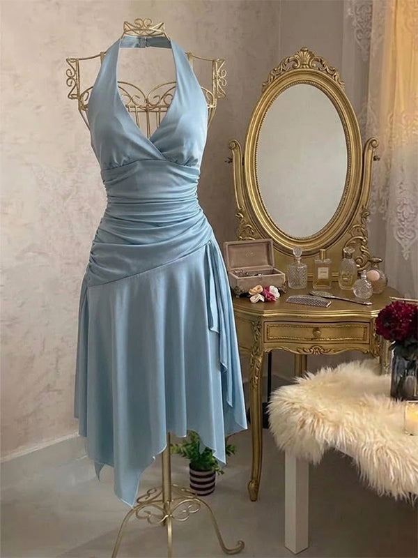 Elegant Blue Halter V-neck Satin A-line Short Homecoming Dress, HC382292