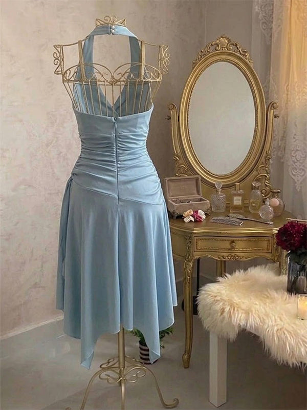 Elegant Blue Halter V-neck Satin A-line Short Homecoming Dress, HC382292