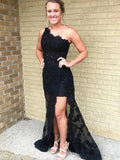 Elegant One Shoulder Black Lace Prom Dresses, One Shoulder Long Black Lace Formal Evening Dresses
