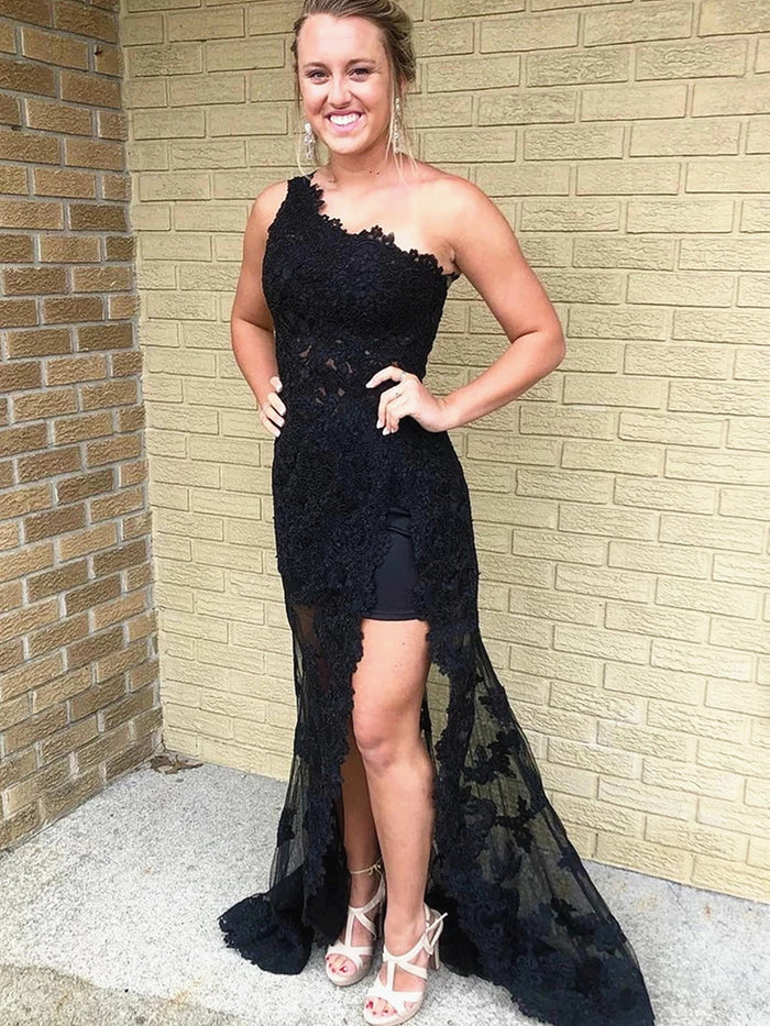 Elegant One Shoulder Black Lace Prom Dresses, One Shoulder Long Black Lace Formal Evening Dresses