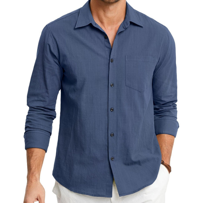 Hisdern Men's Long Sleeve Blue Casual Linen Shirts for Summer Beach