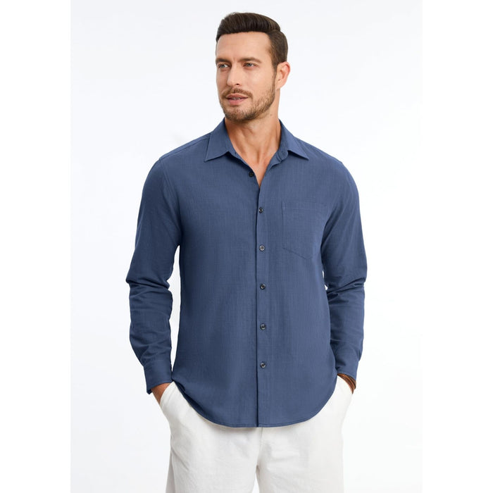 Hisdern Men's Long Sleeve Blue Casual Linen Shirts for Summer Beach