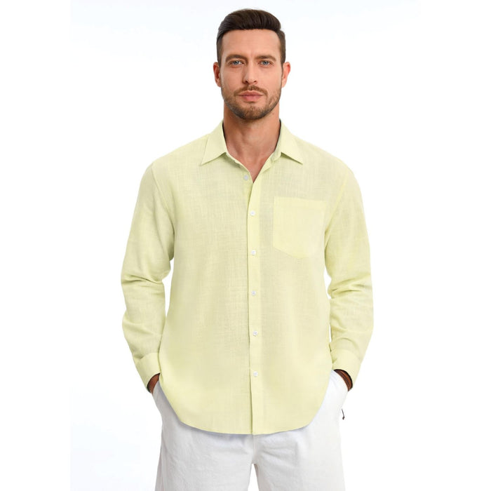 Hisdern Men's Long Sleeve Light Yellow Casual Linen Shirts for Summer Beach