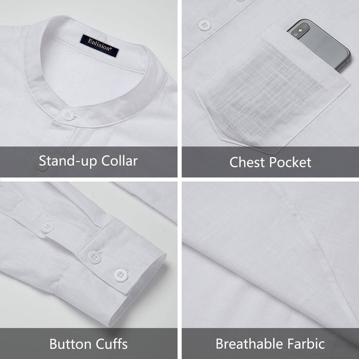 Hisdern Men's White Henley Long Sleeve Shirt Casual Button-Up Style