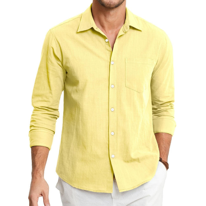 Hisdern Men's Long Sleeve Yellow Casual Linen Shirts for Summer Beach