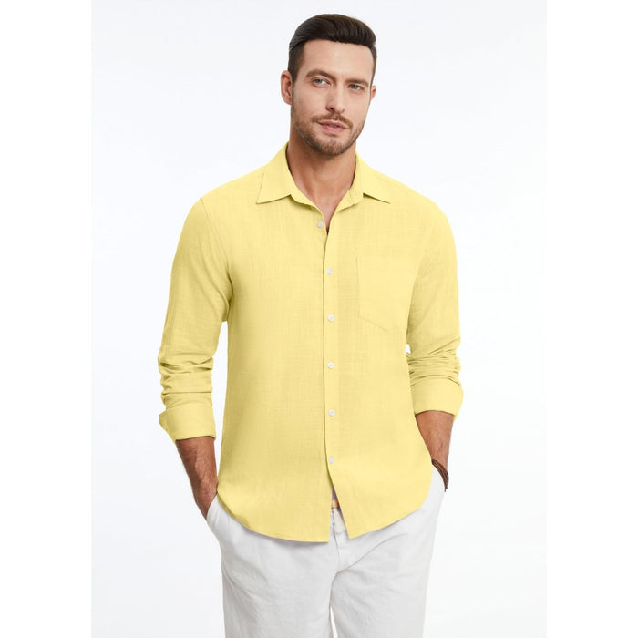 Hisdern Men's Long Sleeve Yellow Casual Linen Shirts for Summer Beach