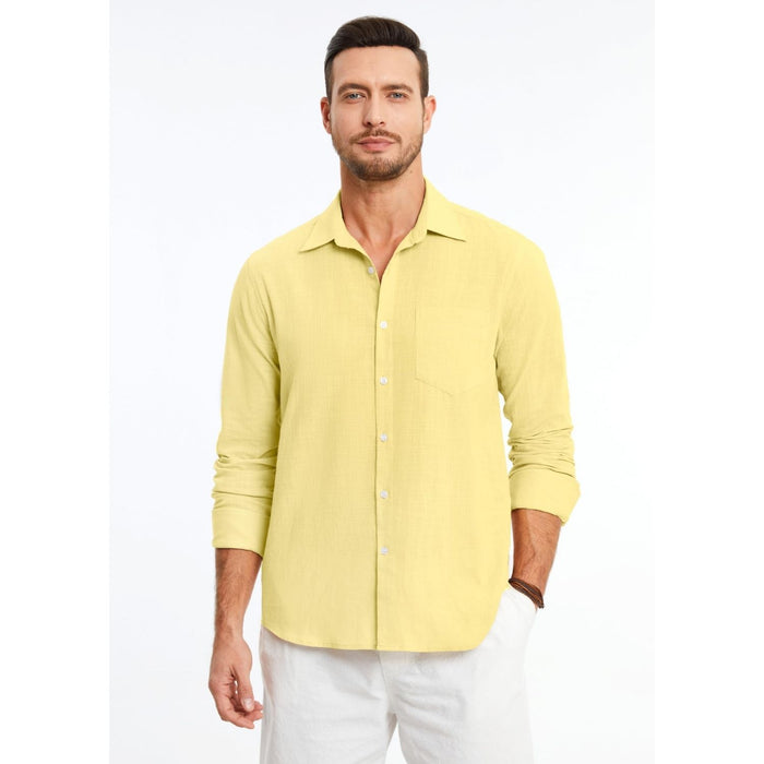 Hisdern Men's Long Sleeve Yellow Casual Linen Shirts for Summer Beach
