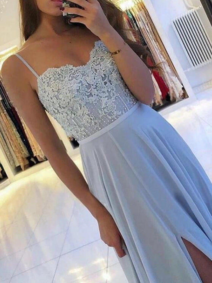 Light Blue Long Lace Prom Dresses, Sky Blue Lace Formal Evening Dresses