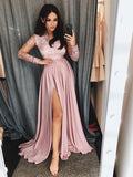Long Sleeves Pink Lace Prom Dresses, Pink Lace Long Formal Evening Bridesmaid Dresses