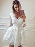 Long Sleeves Short White Lace Prom Dresses, Long Sleeves Short White Lace Formal Homecoming Graduation Dresses