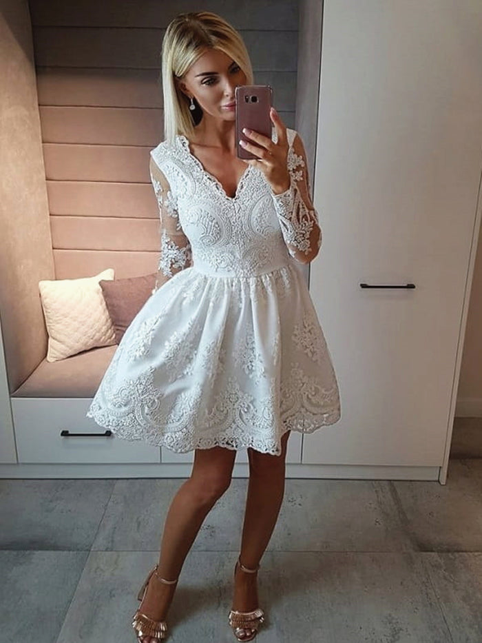 Long Sleeves Short White Lace Prom Dresses, Long Sleeves Short White Lace Formal Homecoming Graduation Dresses