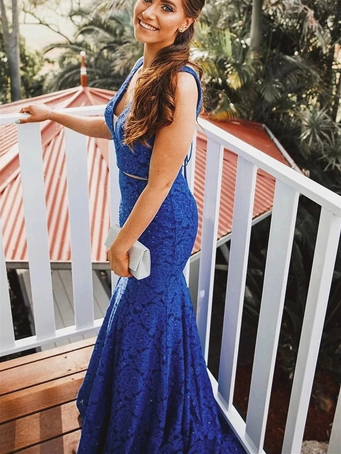 Mermaid V Neck Royal Blue Lace Prom Dresses, Royal Blue Lace Formal Evening Graduation Dresses