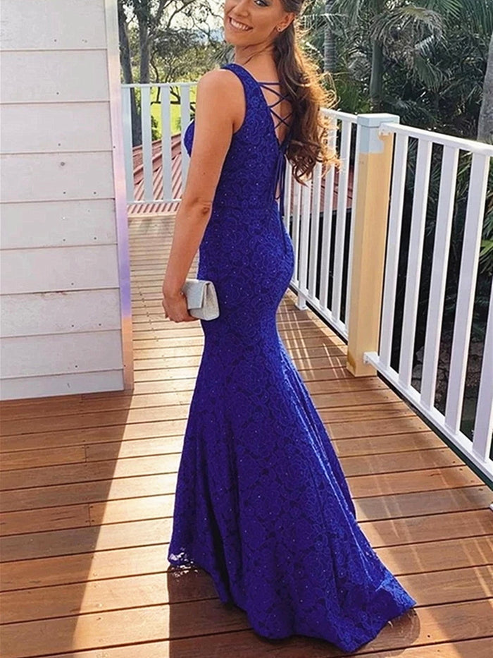 Mermaid V Neck Royal Blue Lace Prom Dresses, Royal Blue Lace Formal Evening Graduation Dresses