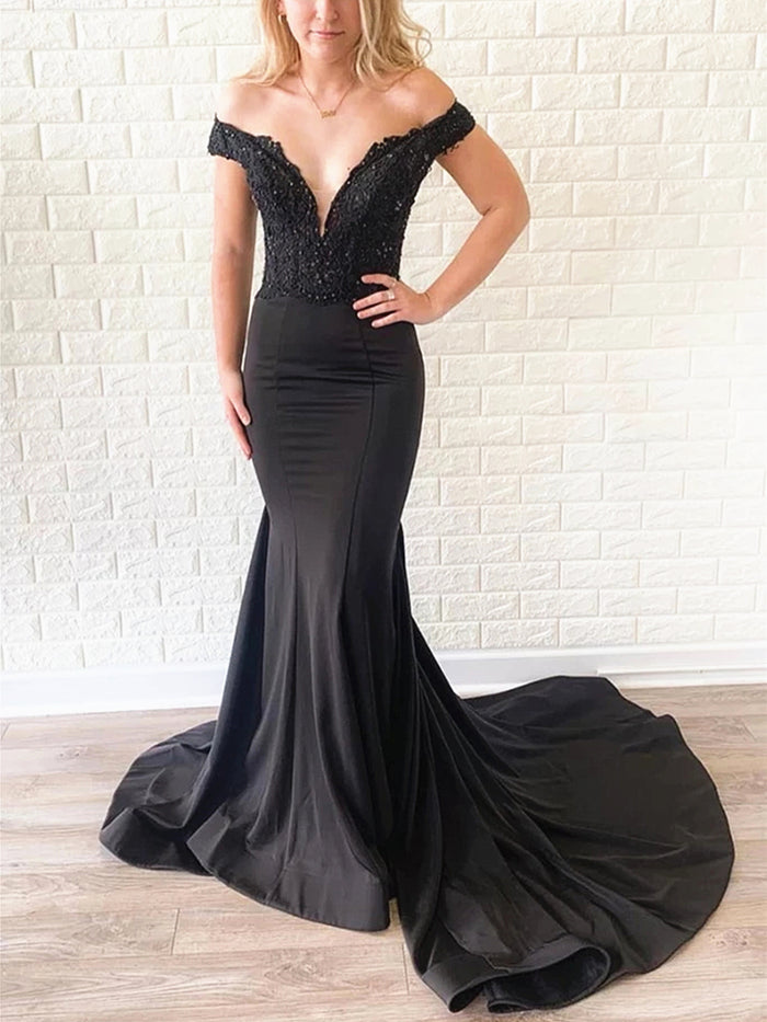 Off Shoulder Black Lace Prom Dresses, Off the Shoulder Black Lace Mermaid Formal Evening Bridesmaid Dresses