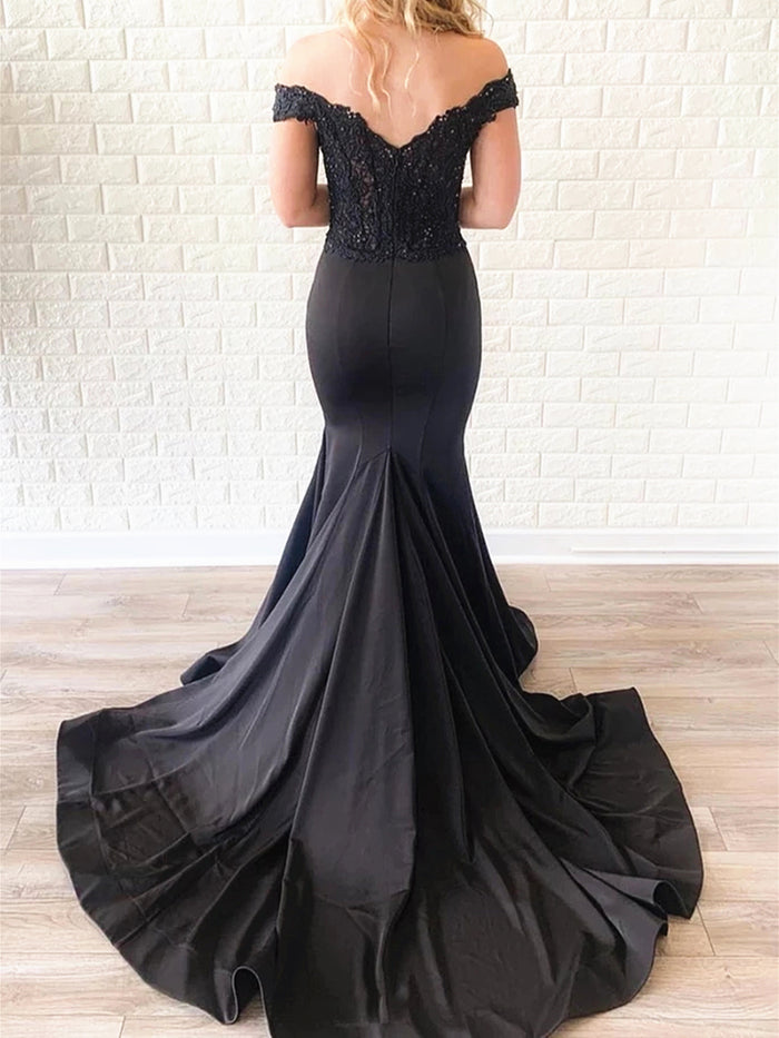 Off Shoulder Black Lace Prom Dresses, Off the Shoulder Black Lace Mermaid Formal Evening Bridesmaid Dresses Back