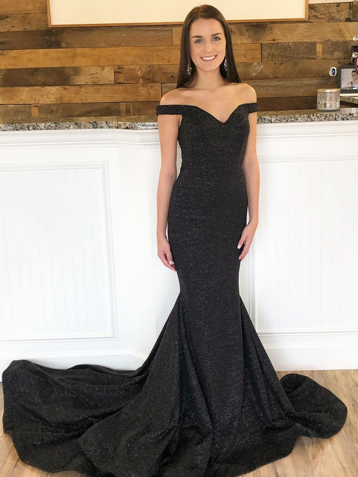 Off the Shoulder Black Mermaid Prom Dresses with Train, Off the Shoulder Black Mermaid Formal Evening Dresses