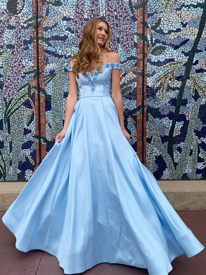 Off the Shoulder Blue 3D Flower Long Prom Dresses, Blue Off Shoulder 3D Flower Long Formal Evening Dresses