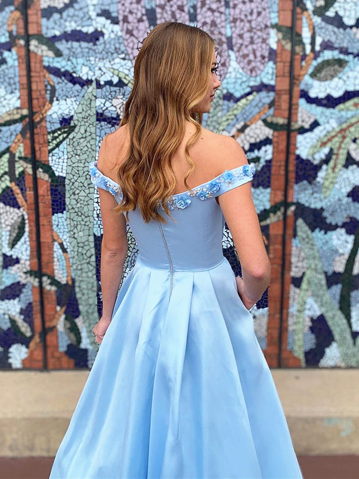 Off the Shoulder Blue 3D Flower Long Prom Dresses, Blue Off Shoulder 3D Flower Long Formal Evening Dresses