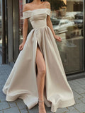 Off the Shoulder Champagne High Slit Prom Dresses, Off Shoulder Champagne Long Formal Evening Dresses