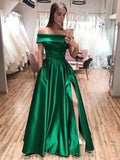 Off the Shoulder Green Satin Prom Dresses, Off Shoulder Green Satin Long Formal Evening Dresses