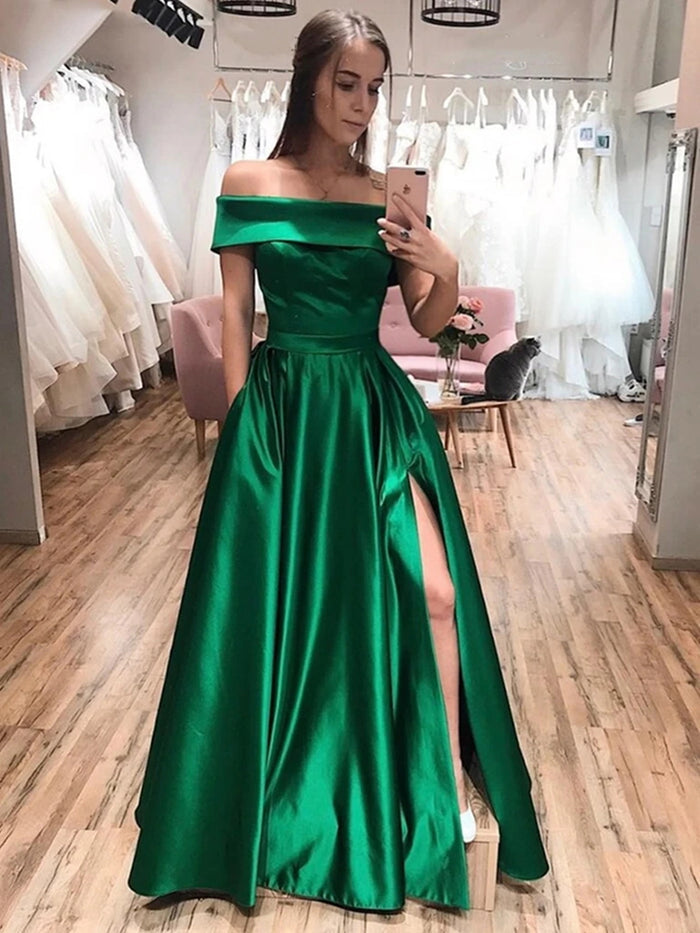 Off the Shoulder Green Satin Prom Dresses, Off Shoulder Green Satin Long Formal Evening Dresses