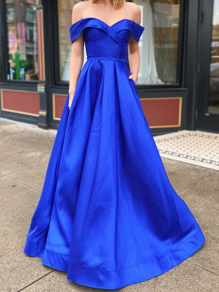 Off the Shoulder Long Blue Prom Dresses with leg Slit, Off Shoulder Blue Formal Evening Dresses