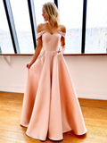 Off the Shoulder Pink Yellow Long Prom Dresses, Pink Yellow Formal Evening Dresses with Pockets