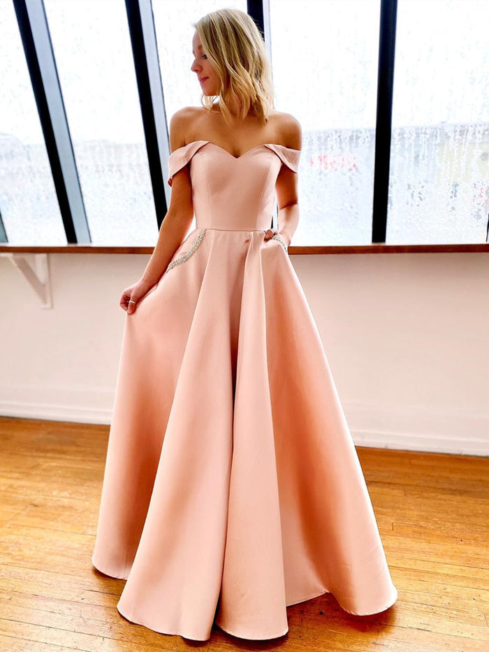 Off the Shoulder Pink Yellow Long Prom Dresses, Pink Yellow Formal Evening Dresses with Pockets