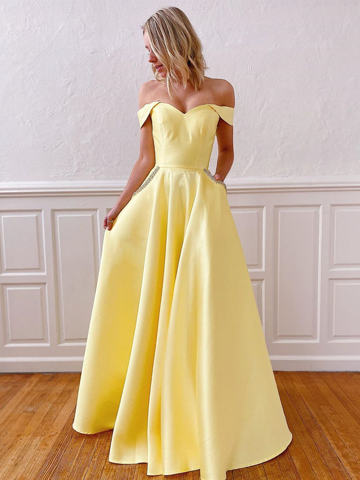 Off the Shoulder Pink Yellow Long Prom Dresses, Pink Yellow Formal Evening Dresses with Pockets