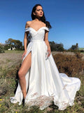 Off the Shoulder White Satin Long Prom Dresses, Off Shoulder White Long Formal Evening Bridesmaid Dresses