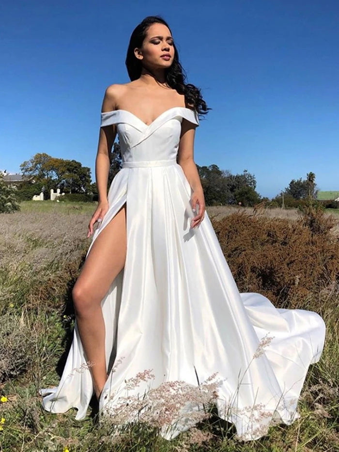 Off the Shoulder White Satin Long Prom Dresses, Off Shoulder White Long Formal Evening Bridesmaid Dresses