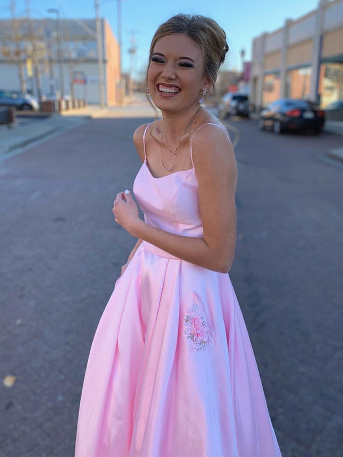 Pink Satin Prom Dress with Pockets, Pink Satin Long Formal Evening Dresses