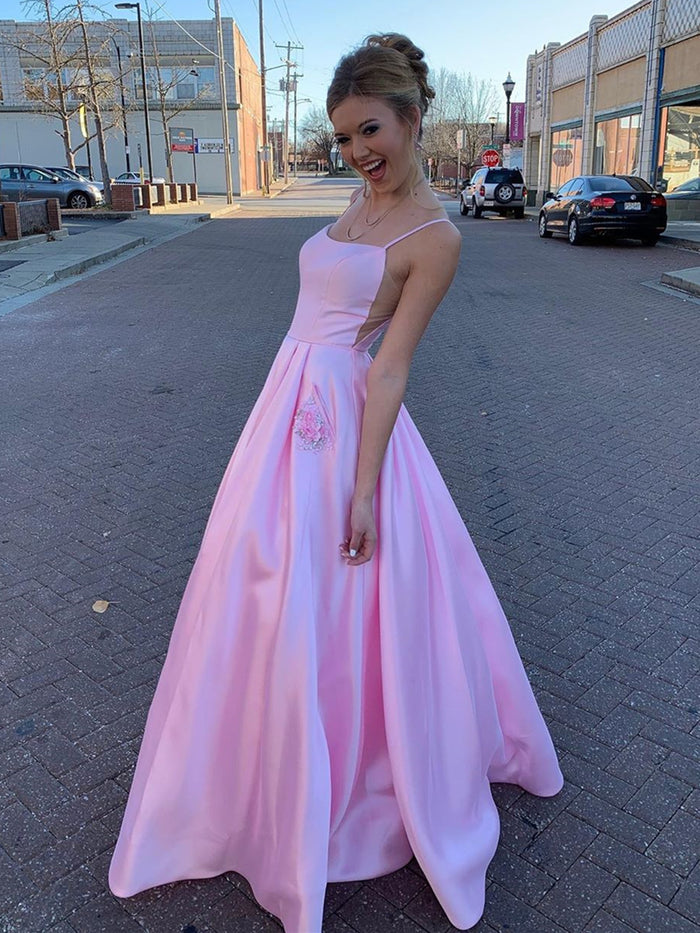 Pink Satin Prom Dress with Pockets, Pink Satin Long Formal Evening Dresses
