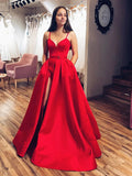 Red V Neck High Slit Prom Dresses, Red V Neck High Slit Formal Graduation Evening Dresses