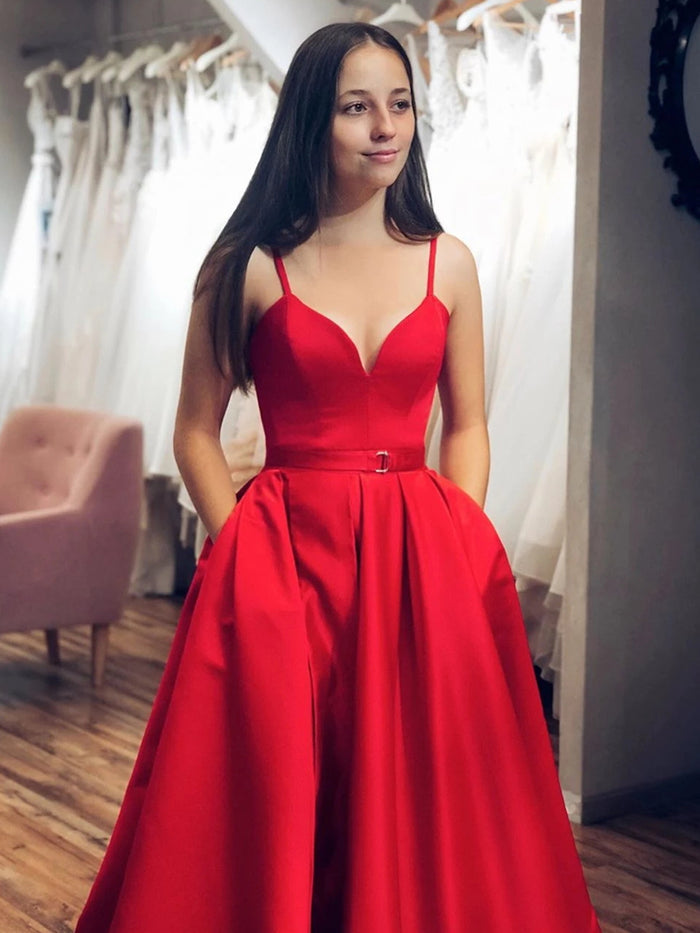 Red V Neck High Slit Prom Dresses, Red V Neck High Slit Formal Graduation Evening Dresses