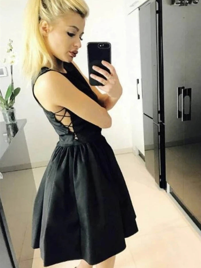 Round Neck Short Black Prom Dresses, Short Black Formal Homecoming Graduation Dresses