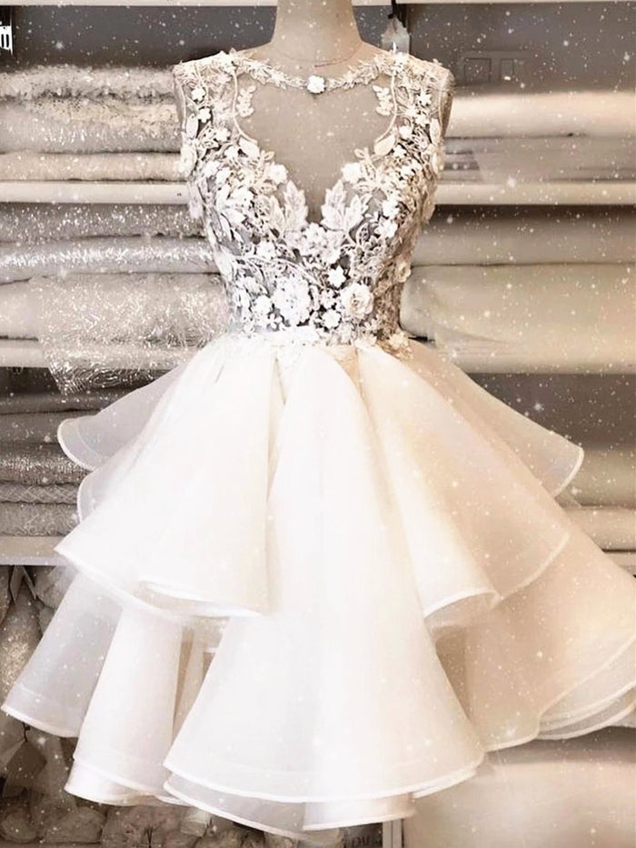 Round Neck Short Ivory Lace Prom Dresses, Short Ivory Lace Formal Graduation Cocktail Dresses