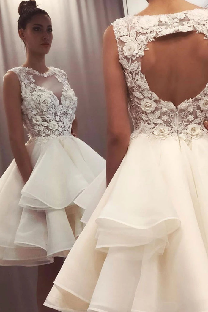 Round Neck Short Ivory Lace Prom Dresses, Short Ivory Lace Formal Graduation Cocktail Dresses