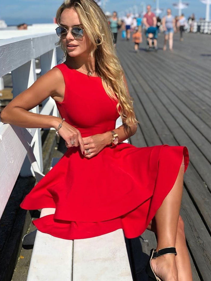 Round Neck Short Red Prom Dresses, Short Red Formal Graduation Homecoming Dresses