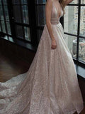 Shiny A Line V Neck Backless Champagne Prom Dresses, Shiny Open Back Champagne Formal Evening Dresses