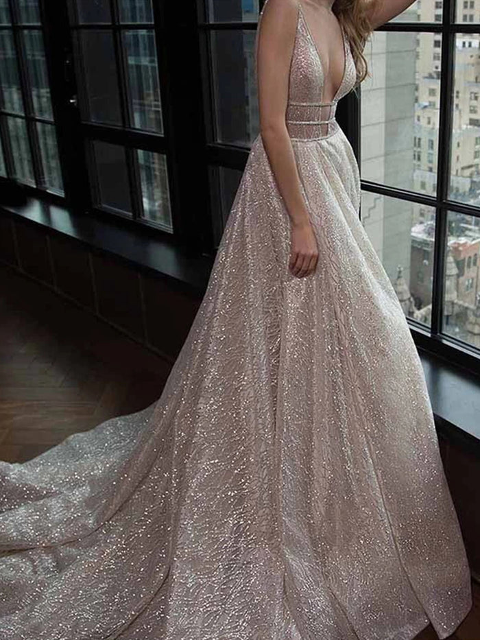 Shiny A Line V Neck Backless Champagne Prom Dresses, Shiny Open Back Champagne Formal Evening Dresses