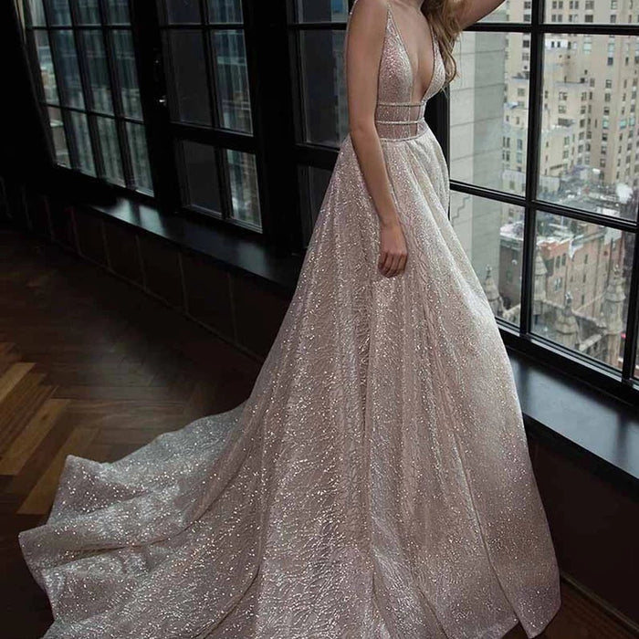 Shiny A Line V Neck Backless Champagne Prom Dresses, Shiny Open Back Champagne Formal Evening Dresses