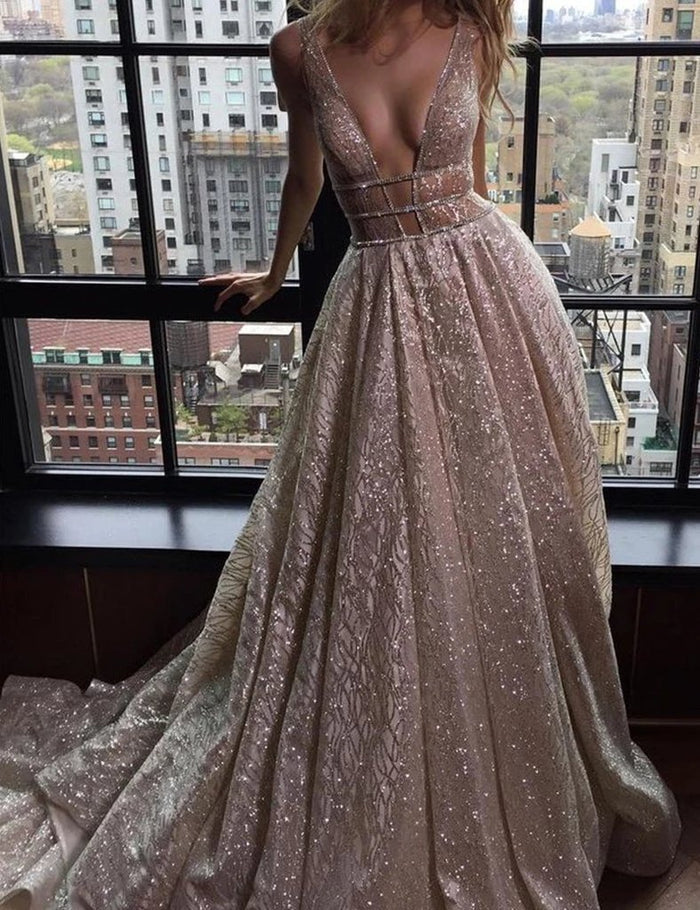 Shiny A Line V Neck Backless Champagne Prom Dresses, Shiny Open Back Champagne Formal Evening Dresses