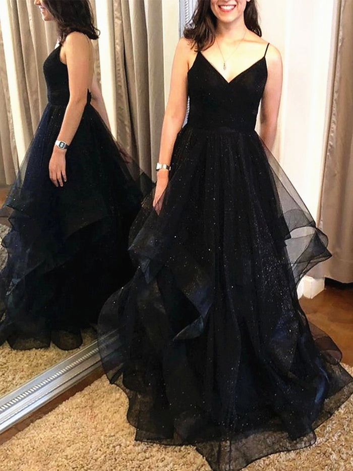 Shiny A Line V Neck Black Backless Prom Dresses, Black Open Back Formal Evening Dresses