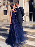 Shiny A Line V Neck Navy Blue Backless Prom Dresses, Open Back Navy Blue Formal Evening Dresses